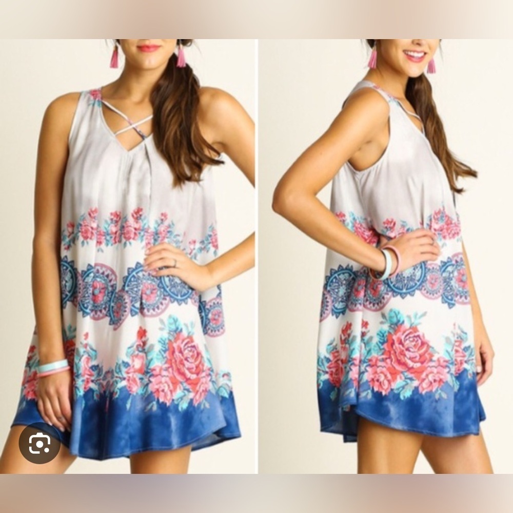 Umgee Size M Sleeveless Dress with Blue and Pink Floral Pattern